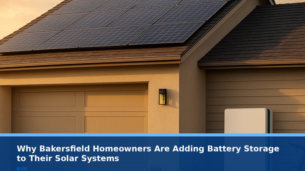 A modern Bakersfield home with solar panels and a sleek battery unit installed on the side, golden hour lighting, no text or logos
