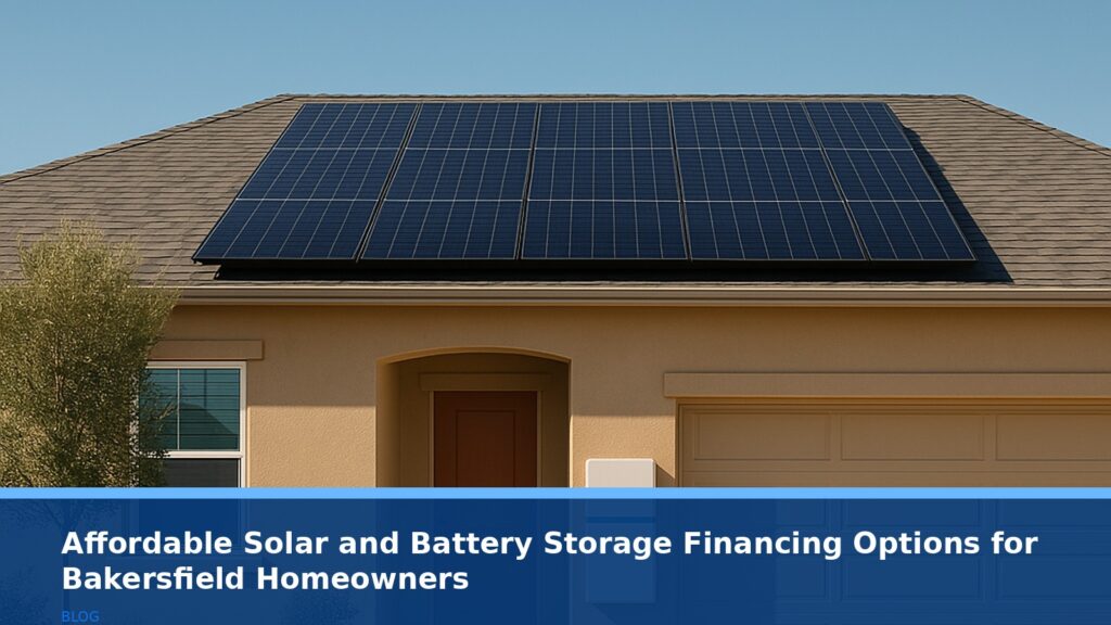 A modern suburban home in Bakersfield with solar panels on the roof and a battery storage unit discreetly installed on the side, under a clear blue sky, no text or logos visible.