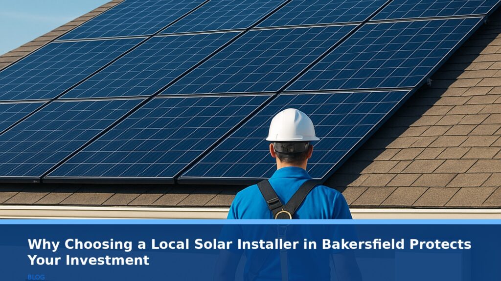 A modern, well-maintained solar panel array on a residential rooftop in Bakersfield, California, under a clear blue sky, no text or logos visible