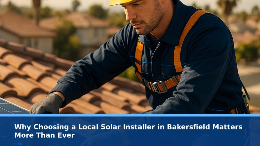 A detailed, professional photograph of a solar installer from a local, family-owned company carefully installing a solar panel on a residential rooftop in Bakersfield, California. The installer is wearing a uniform and safety gear. The home is a typical Bakersfield style with a tile roof. The sun is shining, and the neighborhood is visible in the background. No text, logos, or readable UI elements.