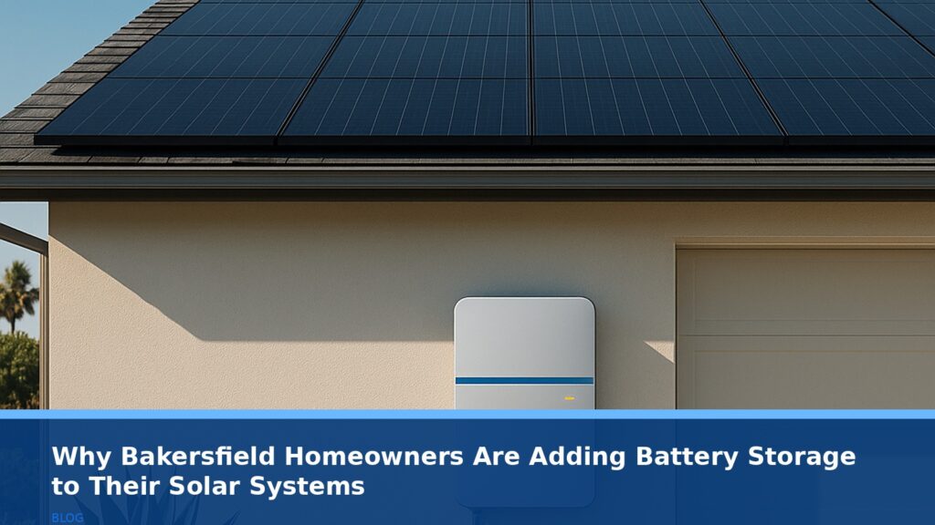 A modern California home rooftop with solar panels and a sleek battery storage unit installed on the side, under a clear blue sky, no text or logos