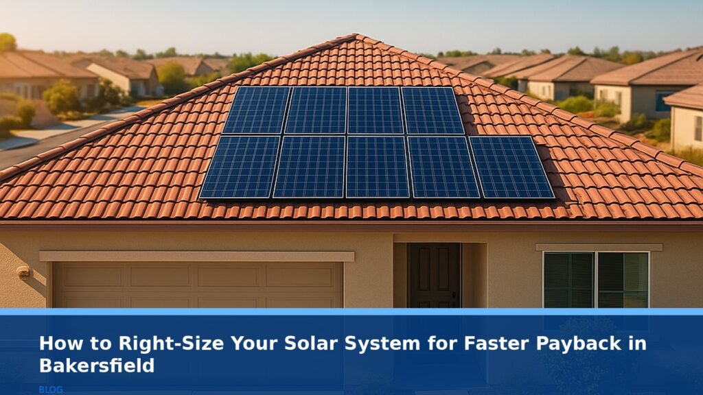 Aerial view of a Bakersfield suburban home with a professionally installed, right-sized solar panel array on the roof, under a bright Central Valley sun. No text, logos, or readable UI.